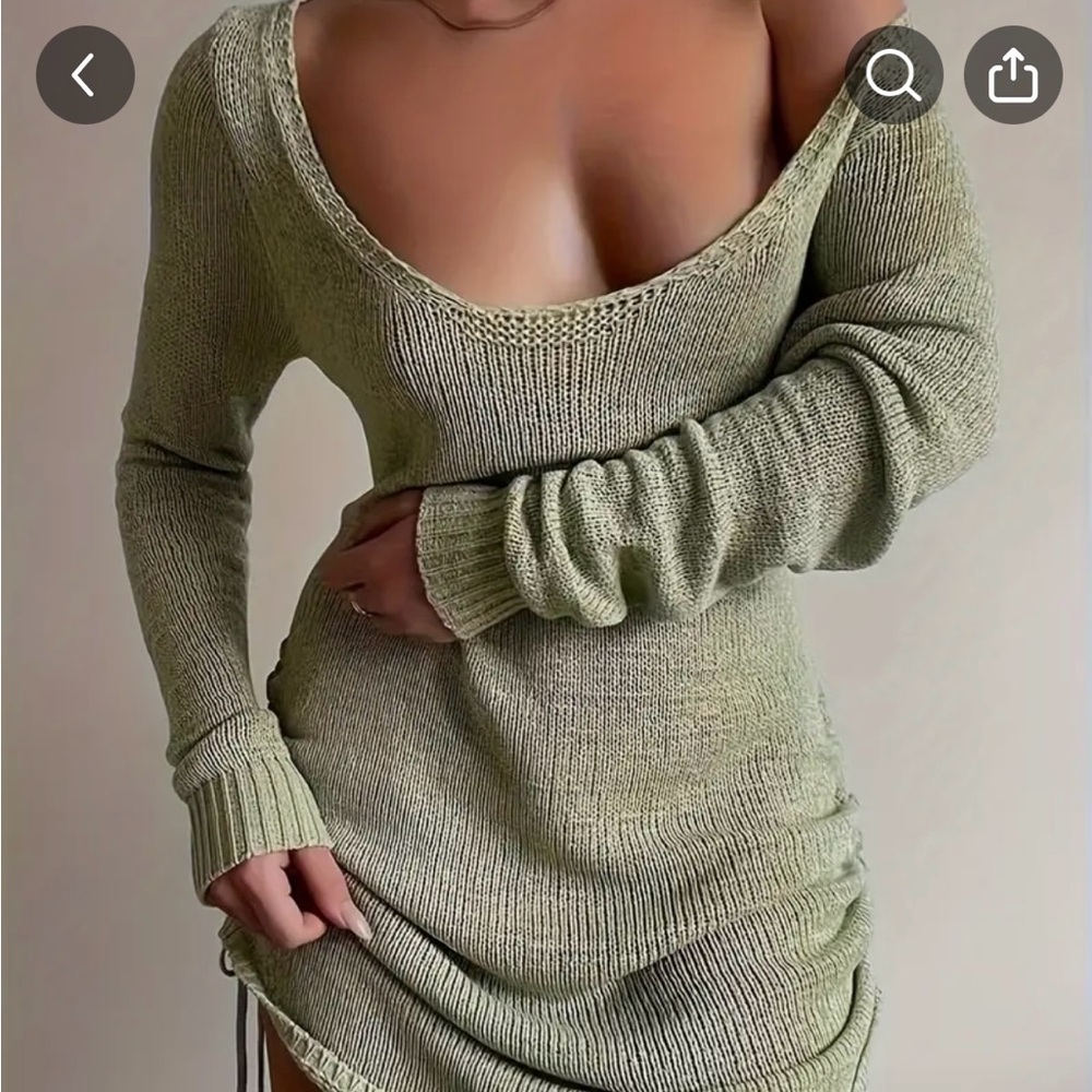 Green Ribbed Ruched Long Sleeve Coverup